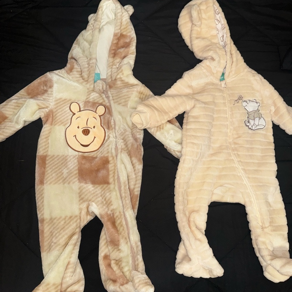3-6 months Plush Hooded Baby One-Piece Winnie the Pooh Motif - Cream & Tan